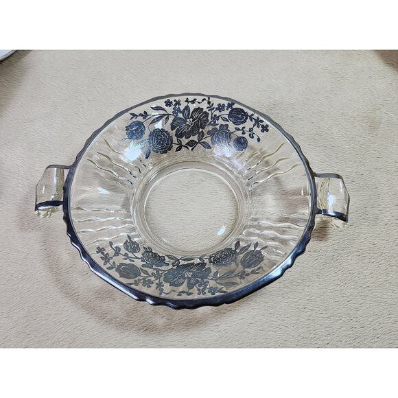 Candy Dish Clear Glass w/ handles 7 3/4" Black Floral Design Black Trim 60s Vtg - Picture 2 of 11